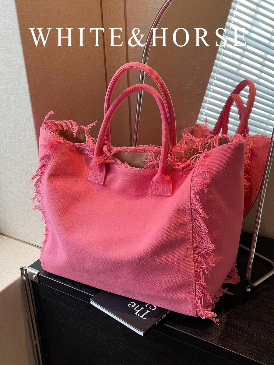 多巴胺帆布手提包，大容量流苏手提包，通勤单肩包 - 粉色 - 查看 1