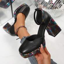 女士PU皮革拼接性感搭扣防水厚底派对高跟鞋，时尚粗跟，搭配连衣裙、牛仔裤，提升女性魅力，舒适优雅的高跟鞋 - 黑色 - 查看 2