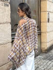 Plaid Pocket Button Casual Beach Vacation Women Tops Spring - Khaki - View 2