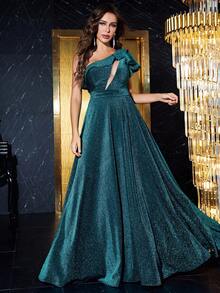 One-Shoulder Mesh Patchwork Sequin Slit Dress - Teal Blue - View 3