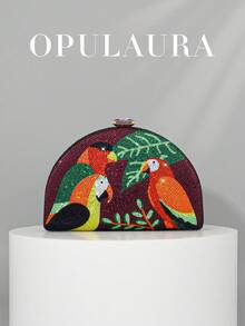 OpulAura 新款时尚闪亮鹦鹉图案水钻手拿包，欧美设计，亮丽夏日色彩，完美适合派对女孩、女士、新娘——适用于派对、婚礼、舞会、晚宴/宴会，可完美搭配婚纱、女士正式礼服、生日礼服。 - 紫色 - 查看 2