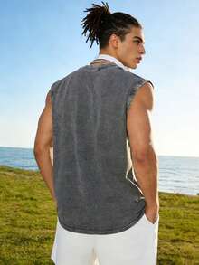 Men's Solid Color Vests, Tops Washed With Washing Technology, Suitable For Spring, Summer And Autumn, Street Hip-Hop Personality Vests,100% Cotton,Moisture-Wicking - 灰色 - 查看 2