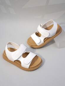 1 Pair Little Boys' Shoes With White Geometric Hollow Out Double Straps, Comfortable Material With Exposed Toes, Double Straps With Buckles, Thick Sole, Lightweight, Anti Slip, Breathable, Casual, Daily Style Sandals, Family Gatherings/Weekend Outings - White - View 9