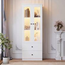 Moderne LED-Vitrine weiß matt 165 cm hoch mit USB-Anschluss, 16-Farben-Fernbedienung, Glasvitrine mit 2 Schubladen, Vertikalvitrine mit verstellbaren Fachböden, Vitrine mit Flügeltüren, MDF-Wohnzimmer - Weiss - Übersicht 5