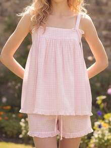 Women's Plaid Shorts Outfit Loose Fit Stylish Bows Ruffled Trim Spaghetti Strap Tops And Shorts 2 Pcs Set - Pink - View 3