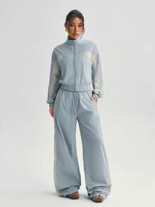 Bộ 1 áo khoác cổ đứng khóa kéo kiểu vintage + quần ống rộng, thời trang đa năng mùa xuân. - Màu xanh nhạt - Xem 5