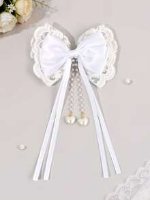 1 chiếc kẹp tóc nơ satin trắng, kẹp tóc ren cho bé gái với ruy băng dài thanh lịch, kẹp tóc dây chuyền hình trái tim tinh tế, phụ kiện tóc công chúa đơn giản màu trơn dành cho tuổi teen. - trắng - Xem 1