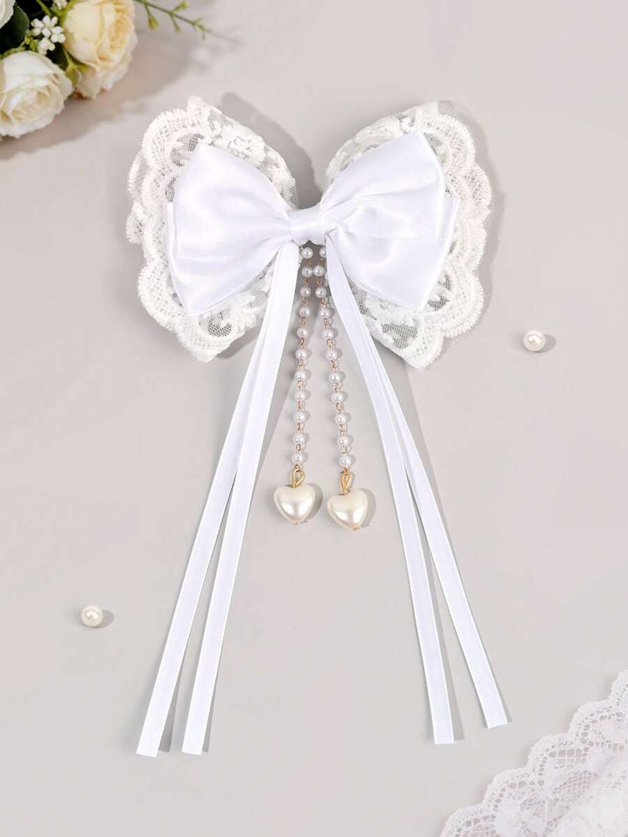 1 chiếc kẹp tóc nơ satin trắng, kẹp tóc ren cho bé gái với ruy băng dài thanh lịch, kẹp tóc dây chuyền hình trái tim tinh tế, phụ kiện tóc công chúa đơn giản màu trơn dành cho tuổi teen. - trắng - Xem 1