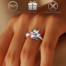 1pc 925 Sterling Silver Jewelry, Exquisite Design, Inlaid With Various Colors Of Cubic Zirconia Gemstones, Flower-Shaped, With Rotating Function - Silver - View 2