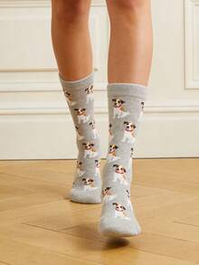 1双男女通用可爱小狗灰色卡通袜子，休闲百搭常规中筒袜，适合日常穿着，四季皆宜 - 灰色 - 查看 1