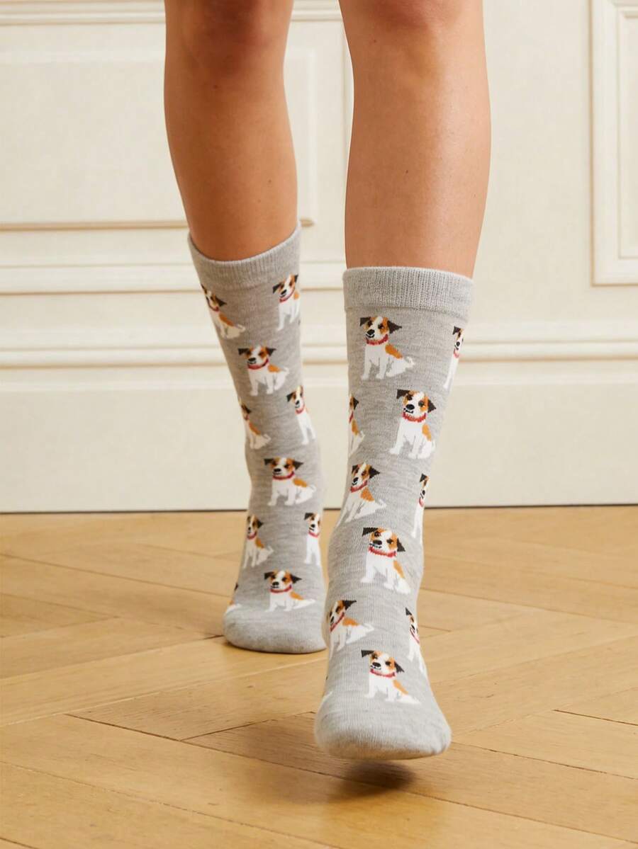 1双男女通用可爱小狗灰色卡通袜子，休闲百搭常规中筒袜，适合日常穿着，四季皆宜 - 灰色 - 查看 1
