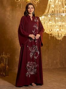 SUPGIR 女士【随机印花】立领长袖手工串珠缎面正式连衣裙 - 酒紅色 - 查看 6