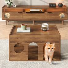 Pet-Friendly Coffee Table, Tea Table With Cat Hole, 80 * 50 * 40 Cm, Natural Walnut Finish - Khaki - View 3