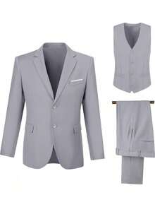 Men's Elegant Three-Piece Suit Slim Fit, Formal Business Suit, Solid Color, Shawl Lapel Suit Jacket, Vest, Pants And Tuxedo, Suitable For Groomsmen And Bridesmaids, Wedding Dress - 淺灰色 - 查看 3