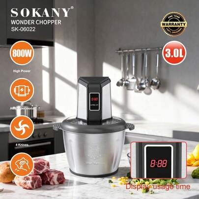  SOKANY 06022 Multifunctional Food Grinder, Built-In 800W Pure Copper Motor, 3L Large Capacity, 304 Stainless Steel Body, Wear-Resistant And Anti-Drop, 3-Speed Adjustment, Suitable For Vegetables, Baby Food And Other Ingredients, Ideal For Home/Commercial Daily Cooking