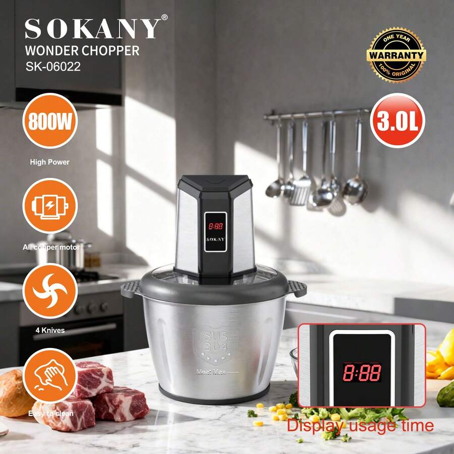 SOKANY 06022 Multifunctional Food Grinder, Built-In 800W Pure Copper Motor, 3L Large Capacity, 304 Stainless Steel Body, Wear-Resistant And Anti-Drop, 3-Speed Adjustment, Suitable For Vegetables, Baby Food And Other Ingredients, Ideal For Home/Commercial Daily Cooking - EU C Type Plug(220-240V) - View 1