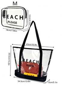 四件套沙滩手提包：印有“Beach Please”字样的透明PVC沙滩包、大容量防水INS风果冻包、春夏镂空遮阳帽、波西米亚风渔夫帽和透气针织宽檐帽。简约大容量单肩包、手提包、便携化妆包、休闲购物袋。 - 彩色 - 查看 9