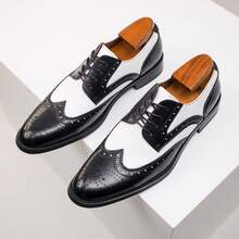 Classic Retro Men's Genuine Leather Business Casual Shoes, Comfortable And Versatile Formal Wear Men's Derby Shoes, Block Carved Lace Up Color Blocked Men's Leather Shoes - 黑與白 - 查看 1