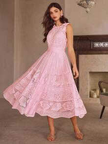 Simplee Women's Spring/Summer New Elegant Sleeveless Lace Maxi Dress, Floral Pattern A-Line Dress Party Gown, Random Butterfly Applique And Faux Pearl Decor, Suitable For Party And Wedding Pink - Pink - View 7