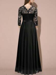 Vestido elegante de encaje floral para mujer,Vestido de fiesta de manga larga de chiffon de cuello redondo,Vestidos de mujer - Negro mate - Ver 2