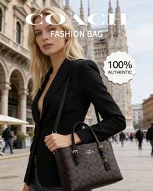 Coach Mollie Tote Shoulder Bag Monogram Canvas Women's Handbag Large Capacity Crossbody Purses 2way Commuter Bag - Walnut and Black - View 2