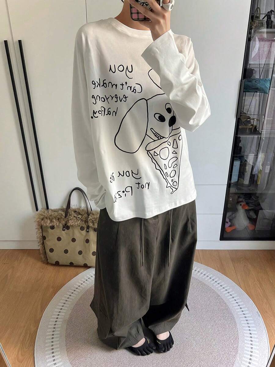 可爱小狗和披萨印花长袖T恤，女士宽松休闲白色上衣，手写标语，韩版风格 - 白色 - 查看 1