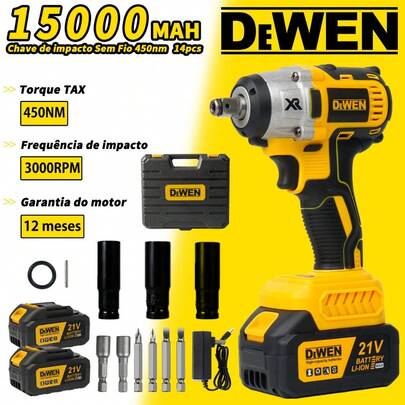 Chave de impacto Sem Fio 450nm sem escova 14pcs com 2 baterias Com Maleta e Acessórios (127v/220v )