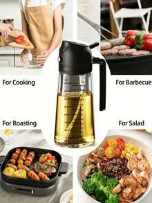 1个400毫升塑料二合一喷油瓶，多功能倾斜喷油器，带刻度，压力式防漏设计，硅胶密封圈防止油溅，适用于橄榄油、食用油、酱油、醋等，厨房烹饪、烘焙、烧烤必备工具，不可放入洗碗机清洗（冬季低温可能会影响喷油效果）。 - 彩色 - 查看 11