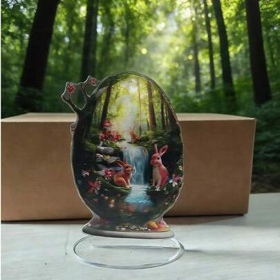 2D Flat, 2D Acrylic Material Bohemian Style Acrylic Easter Spring Landscape Egg And Rabbit Decoration - Suitable For Home, Office Or Cafe, Multi-Purpose Desktop Decoration, Spring Prosperity And Joyful Easter Atmosphere, 16.26*23.06cm