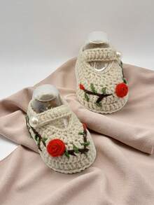1 Pair Handmade Crochet Infant Booties With Rose Embroidery, Beige Knitted Lace-Up With Pearl Button, Floral Design - Beige - View 5