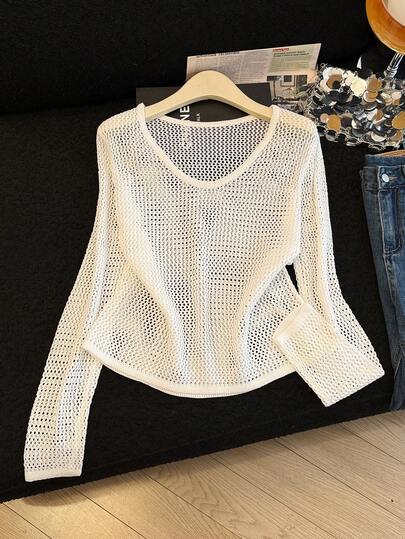 Women's Hollow Out Pullover Sweater, Fashionable Casual Loose Relaxed Style Versatile Vacation Outfit, Hollow Solid Color Long Sleeve Lightweight Knit Cardigan