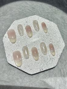 10pcs Butterfly Pearl Blush French Almond Press-On Nails, Handmade Sweet Princess Makeup Nail Art, Cute & Sexy Oval Yellow Blush (1pc Jelly Sticker + 1pc Nail File) - Yellow - View 11