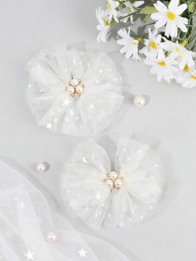 2PCS Mesh Hair Clips For Girls Faux Pearl Decor Rhinestone Alligator Clips Star Sequin Hair Barrettes Minimalist Style Hair Bows Hairpins For Festivals And Casual Daily Wear Teens Hair Accerssories