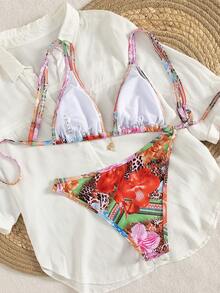 Bộ bikini dây đeo điều chỉnh được họa tiết hoa đỏ mới, thích hợp cho kỳ nghỉ hè ở bãi biển, trang phục thường ngày gợi cảm cho các bữa tiệc bãi biển, đồ bơi nữ, quần áo đi biển, trang phục nghỉ lễ cho nữ, trang phục ngày Valentine, quần áo mùa hè, trang phục ngày Valentine cho nữ, mùa hè, mùa xuân, thanh lịch, kỳ nghỉ, thường ngày, họa tiết hoa. - Đỏ - Xem 3