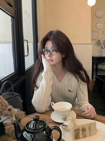 Vintage Style Dog Embroidery V-Neck Pullover Sweater, Retro American Twist Knit Slim Fit For Women