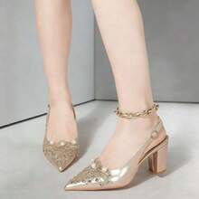 Tacones altos de mujer con puntera en punta y hebilla, de tacón grueso, versátiles, de moda, para el verano - Albaricoque - Ver 4