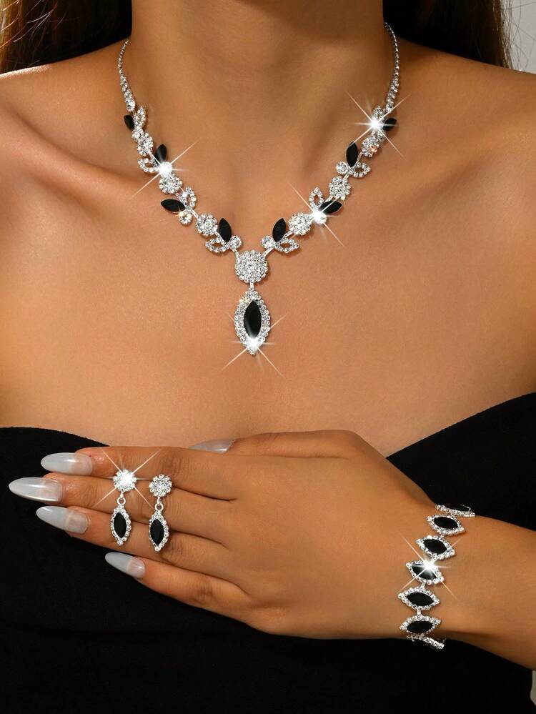 Set de 3 piezas/4 piezas de joyería de moda, collar con gema negra, aretes, pulsera, adecuado para que las mujeres lo usen en fiestas y ocasiones especiales - conjunto de joyas - Añade 23