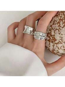 2pcs Fashionable Minimalist Wide Band Asymmetrical Geometric Line Wrapped Open Rings, Suitable For Women's Vacation, Party, Date, Gift, Daily Matching - Silver - View 2