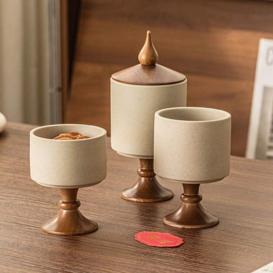 1pc Vintage Style Thick Ceramic Canister With Lid, Candy/Dried Fruit/Jam Storage Jar, Kitchen Spice Container, Sugar Pot, Suitable For Kitchen Storage And Entryway Decor - Stoneware - View 1