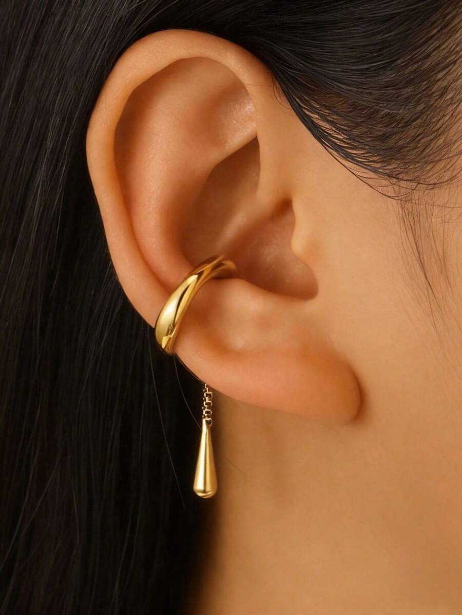 1件装极简水滴耳夹耳环（女士款） - 金黃色 - 查看 1