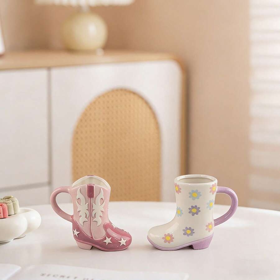 创意个性化可爱陶瓷花朵靴子马克杯，ins风高跟靴造型陶瓷杯 - 彩色 - 查看 1