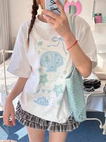 韩版甜美贝壳印花短袖T恤，女式宽松休闲浅蓝色夏季上衣 白色 - 白色 - 查看 4