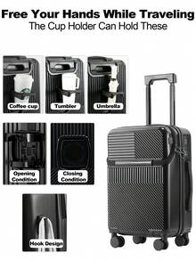 Trolley Cart Suitcase With Zipper And TSA Custom Lock, Lightweight Durable Luggage With Cup Holder And Wheels, 20 Inch Convenient Traveling Suitcase For Airplane Train Car Travel Vacation Holiday Honeymoon - 黑色 - 查看 6