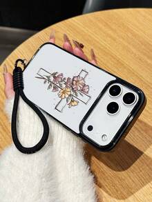 1pc Cross Outline Pink & Yellow Floral Handpainted Phone Case With Black Lanyard, Shock-Proof Protective Cover Compatible With Iphone 17/17 Pro/17 Pro Max/16/11/13/15/15 Plus/15 Pro/15 Pro Max/12/14 Pro Max/11 Pro Max/12 Pro/12 Pro Max/13 Pro/13 Pro Max/14 Pro/14 Plus - Black Lanyard - View 6