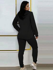 2pcs/Set Solid Color Long Sleeve Hoodie And Sport Pants Fall Cloth For Women,Women's Casual 2-Piece Set, Solid Color Elegant Long Sleeve Hooded Sweatshirt With Drawstring Pockets And Straight Leg Drawstring Pants - màu đen - Xem 2