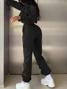 2pcs Women's Casual Letter Print Sweatshirt And Sweatpants Set,2pcs/Set Women Letter Print Round Neck Long Sleeve Hoodie And Casual Pants Set, For Autumn,Women's  Crew Neck Long Sleeve Sweatshirt And Pants Casual Suit, Autumn/Spring, - 黑色 - 查看 3