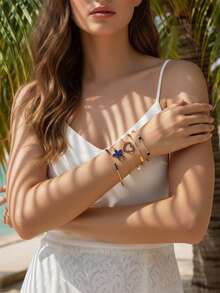 imoli Set de 5 piezas de pulsera con cadena de encanto de flor y corazón hueco minimalista en azul para mujeres, regalo (cadena hecha a mano personalizada por tamaño y cantidad) - Azul - Ver 3