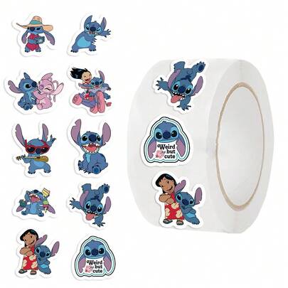(offiziell lizenziert) Disney Stitch Cartoon Charakter Aufkleber Rolle, 500 Stück/Rolle Stitch Aufkleber Kollektion, Cartoon Stitch Aufkleber Rolle für Notizbuch, Laptop, Handyhülle Dekoration, wasserfest, abnehmbar, wiederverwendbar, geeignet für Neujahr, Valentinstag, Weihnachten