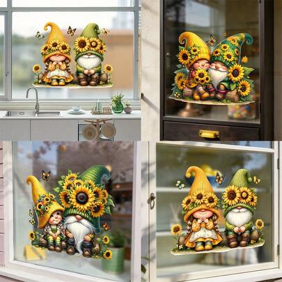 1/3pcsSunflower Gnome Window Clings Cute Couple Dwarf With Butterfly Static Sticker Removable PVC Decal For Spring Summer Home Kitchen Glass Door Decoration