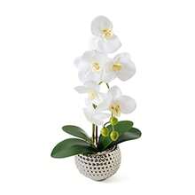 Flores Artificiales con Maceta Plateada Orquídeas Sintéticas Grandes para Decoración del Hogar Centro de Mesa de Interior o Baño-B029 - Plata y blanco - Ver 3